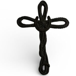 Rustic Cowboy Cast Iron Rope W/ Horseshoe Cross Wall Decor Good Western 🍀 Luck